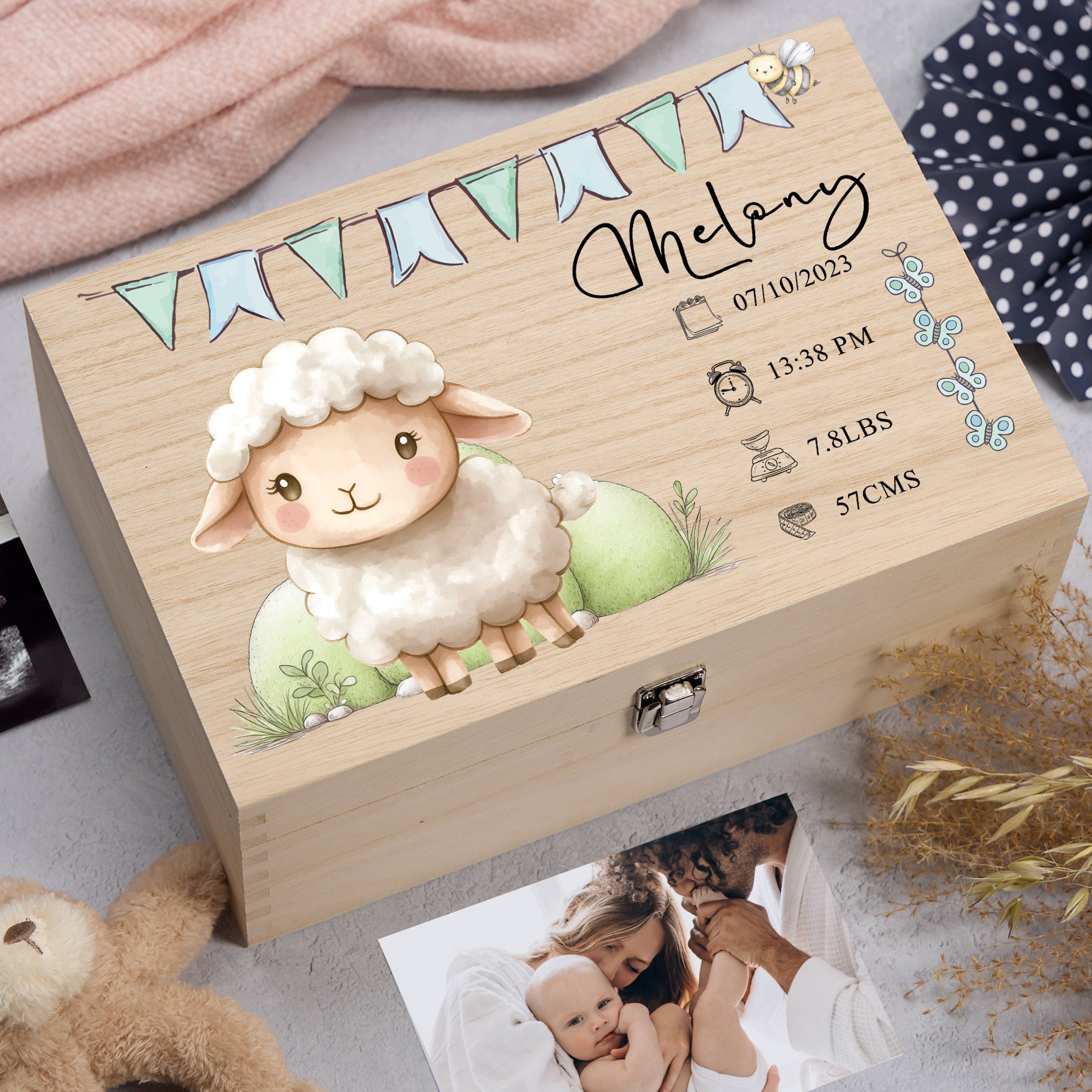 Personalised Wooden Baby Memory Keepsake Box With Cute Animals
