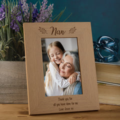 Personalised Wooden Nan Photo Frames Engraved Any Message Multiple Sizes With Leaves