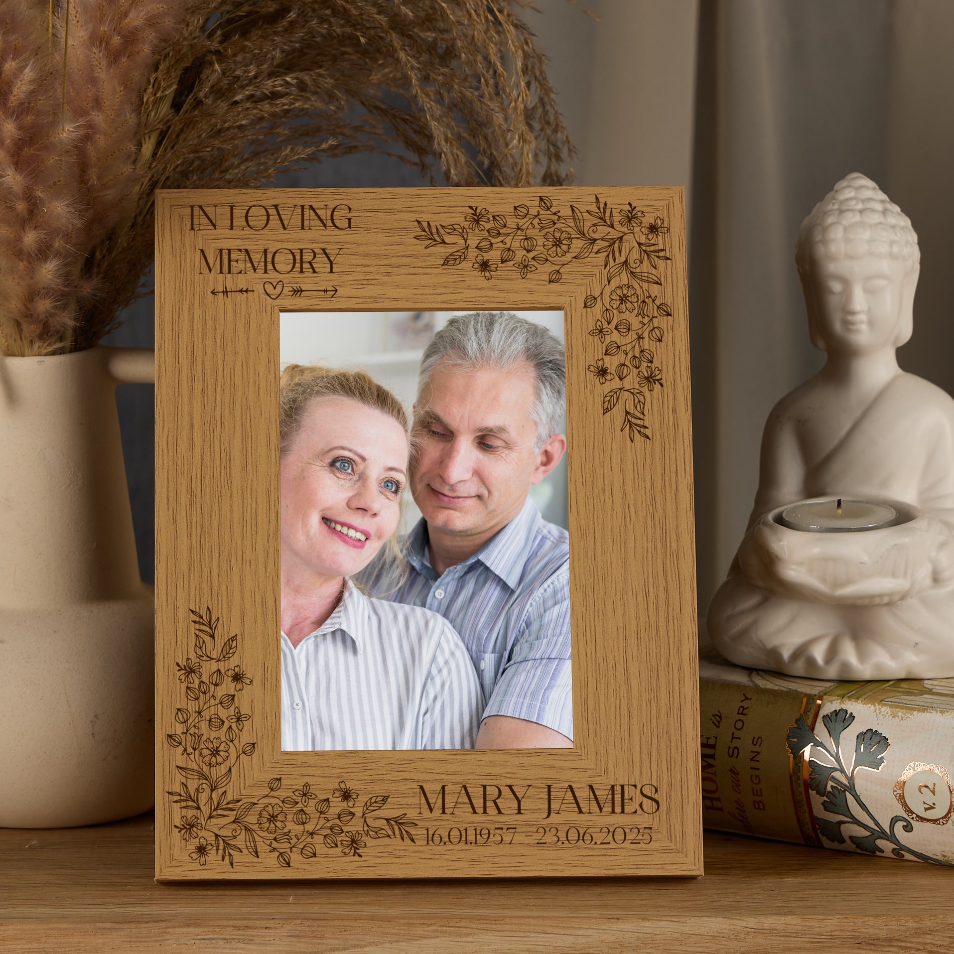 In Loving Memory Personalised Wooden Engraved Photo Frame Multiple Sizes With Flowers