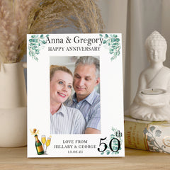 Personalised 50th Anniversary Wooden White Photo Frame Gift With Leaves and Champagne