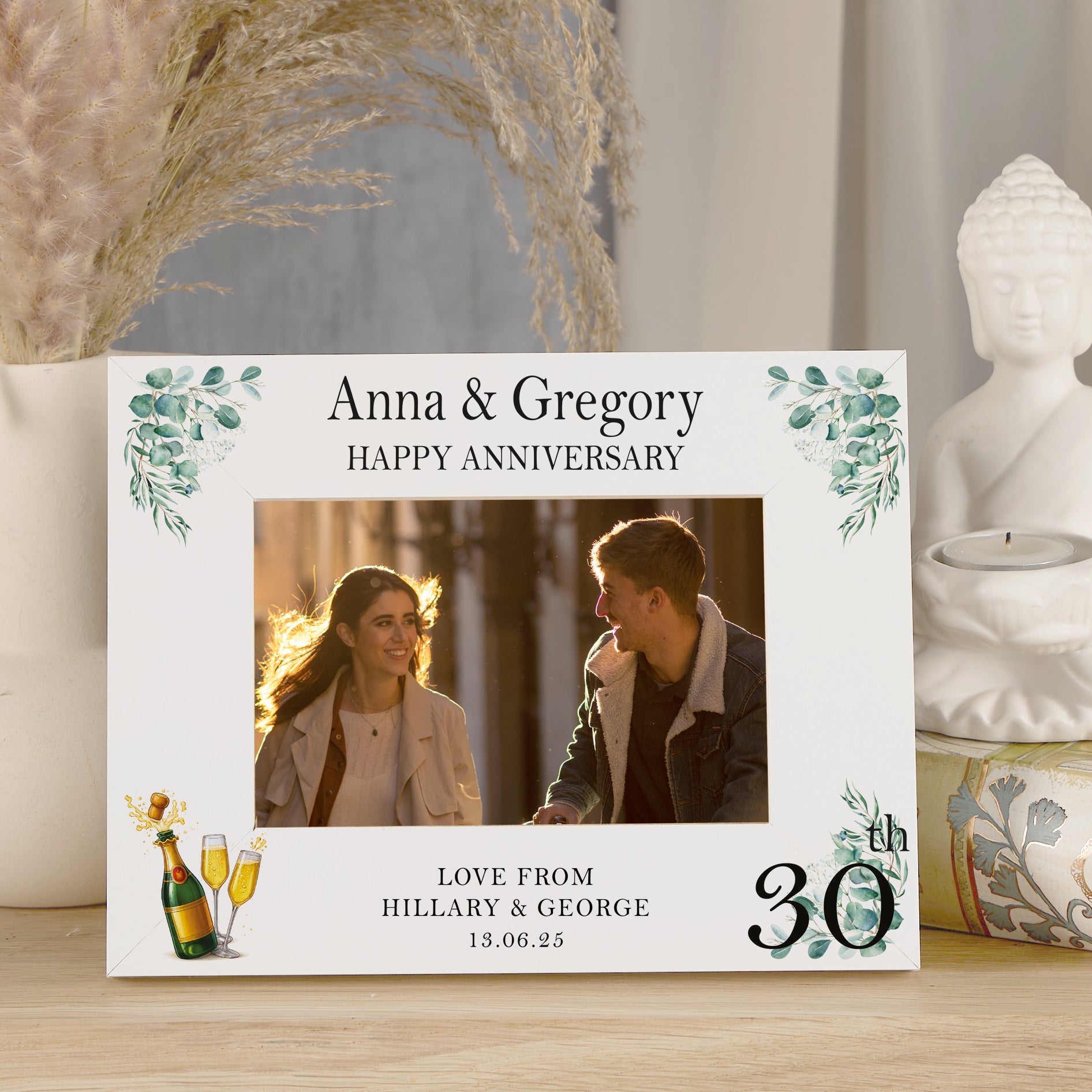 Personalised 30th Anniversary Wooden White Photo Frame Gift With Leaves and Champagne
