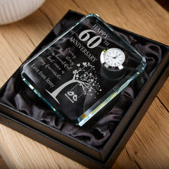 Personalised Crystal Glass Clock Gift for 60th Wedding Anniversary Boxed