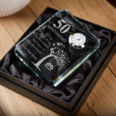 Personalised Crystal Glass Clock Gift for 50th Wedding Anniversary Boxed