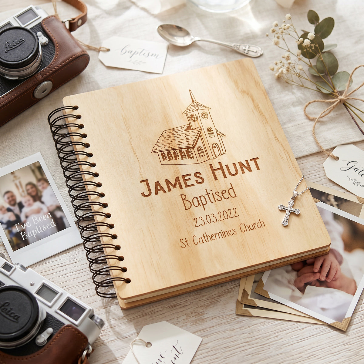 Personalised Baptism Photo Album Church Design Wooden Engraved personalised photo album ukgiftstoreonline