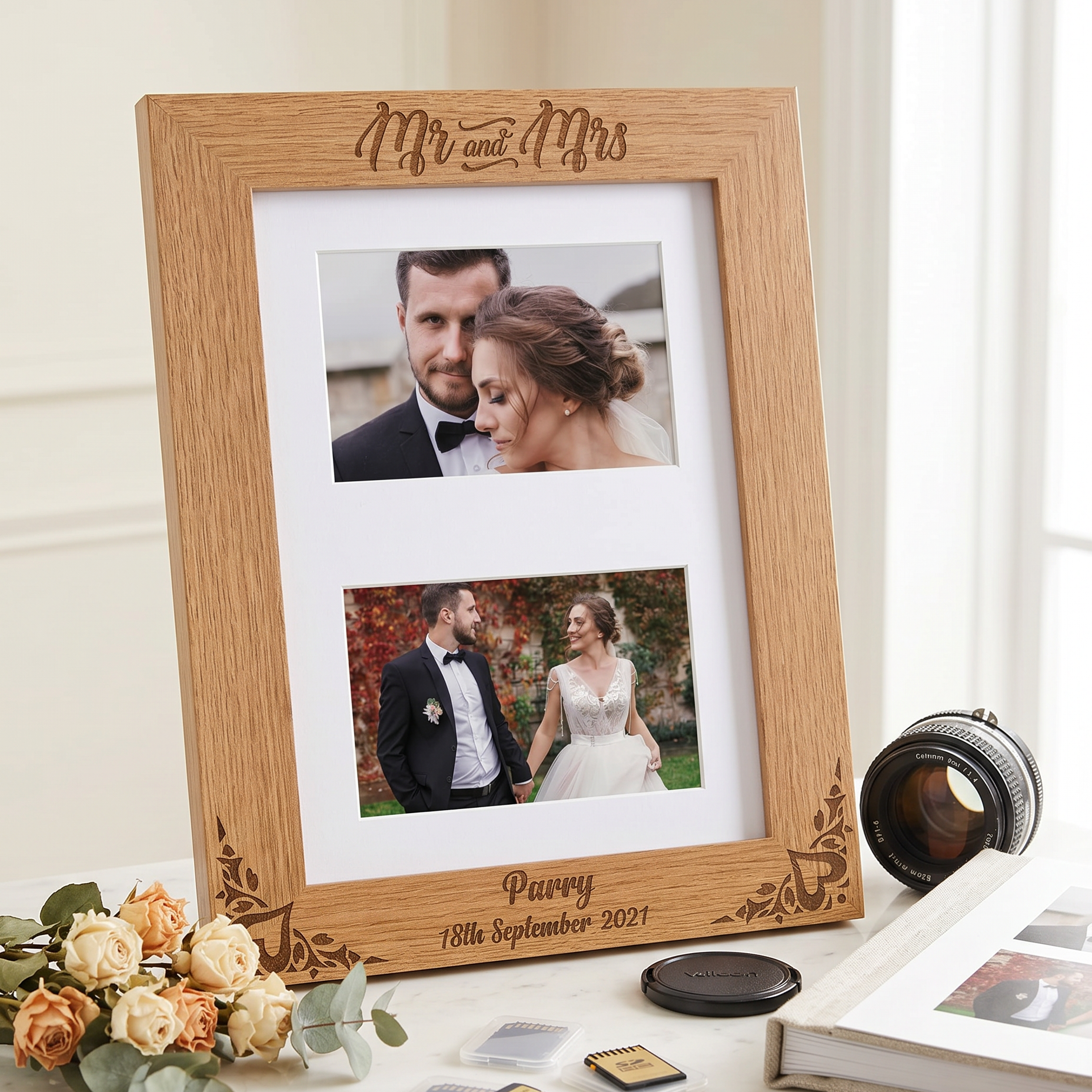 Engraved Wooden Wedding Frame - Personalised Mr and Mrs Double Photo Frame Gift Photo Frame ukgiftstoreonline