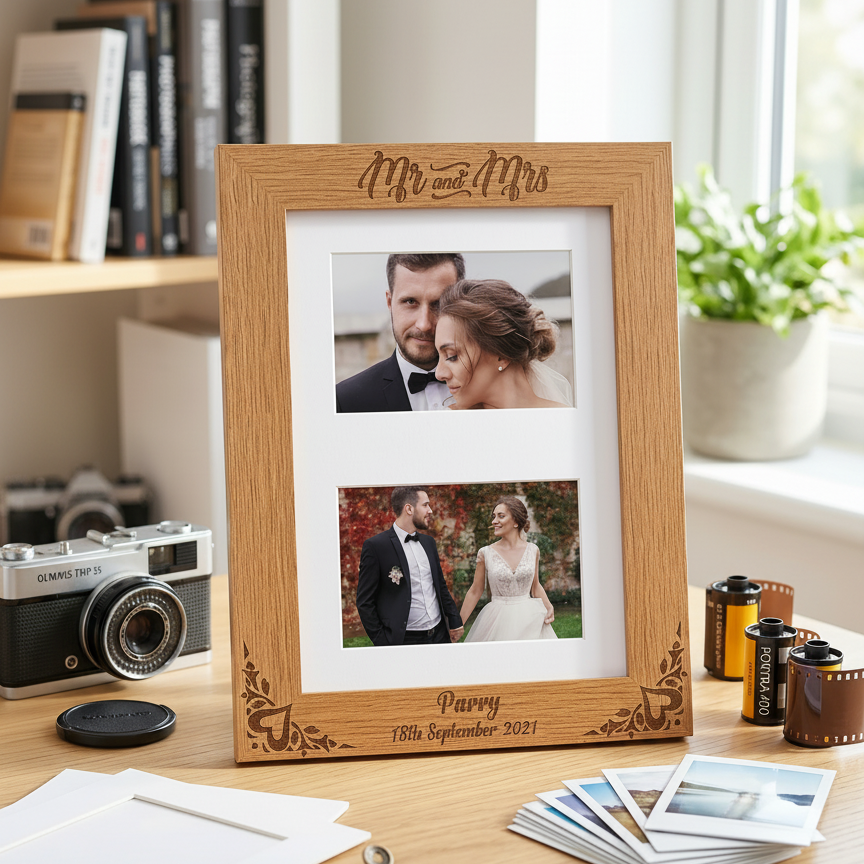 Engraved Wooden Wedding Frame - Personalised Mr and Mrs Double Photo Frame Gift Photo Frame ukgiftstoreonline