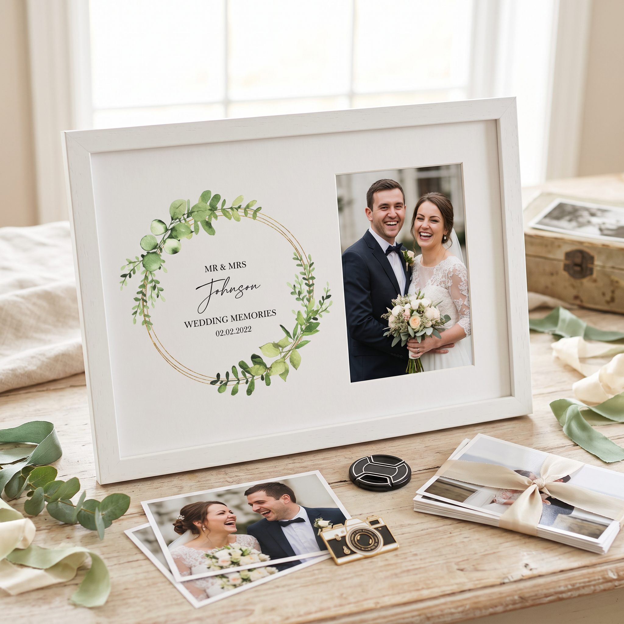 Personalised Wedding Photo Frame Eucalyptus and Gold Wreath personalised photo frames ukgiftstoreonline