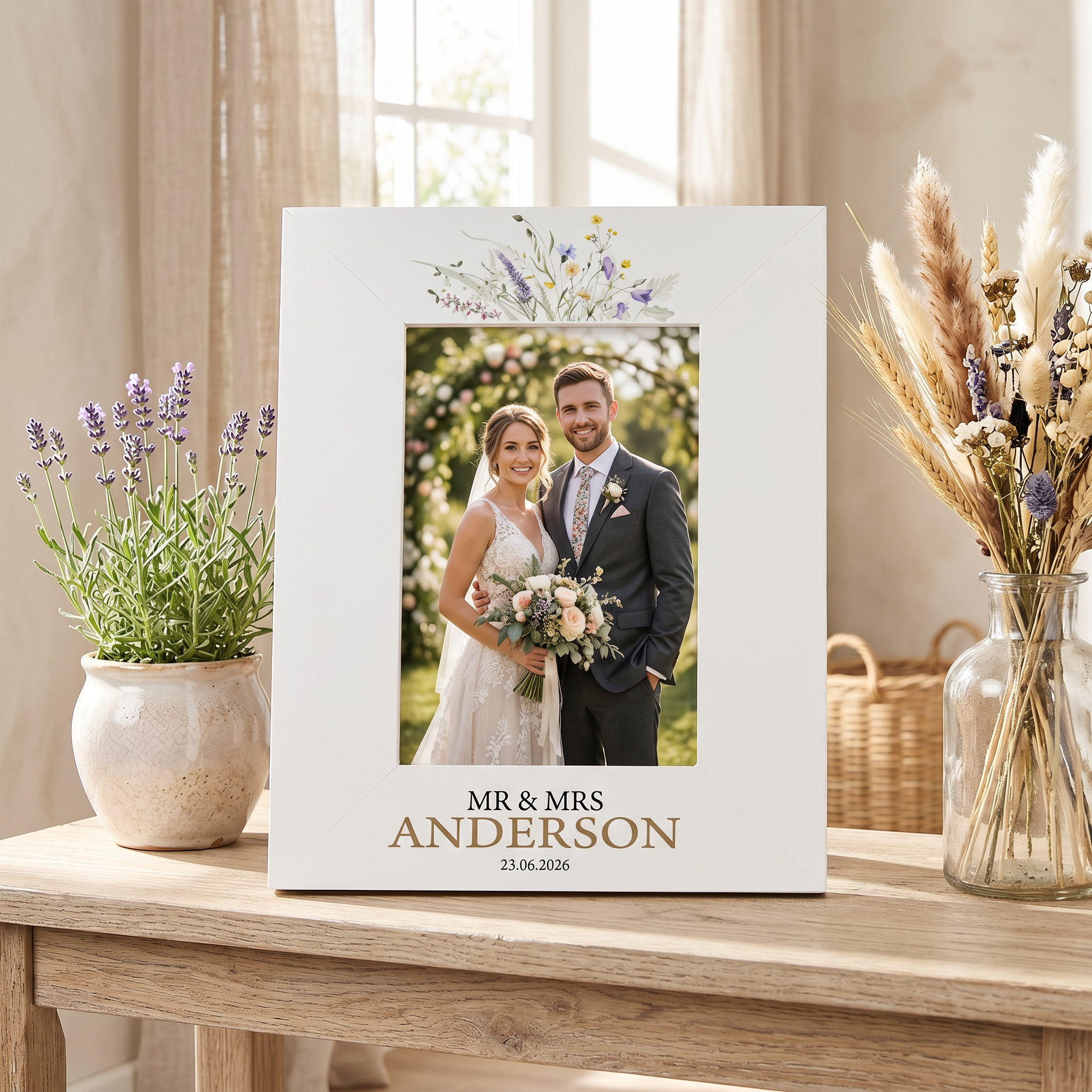 Personalised Wedding Day Photo Frame Gift for Couple With Bright Floral Wildflowers Photo Frame ukgiftstoreonline