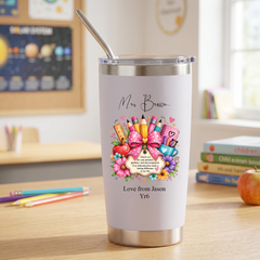 A personalized tumbler with a design featuring a teacher's classroom, pencils, and a bow, along with a message that reads "Love from Jason Y6".
