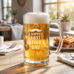 Engraved First Fathers Day Beer Glass Mug With Handle For New Dads and Grandads personalised beer glasses ukgiftstoreonline