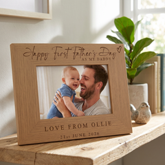 Personalised First Fathers's Day Photo Frame Gift Engraved Oak Wood Finish Dad Daddy or Grandad Pet Photo Frame ukgiftstoreonline
