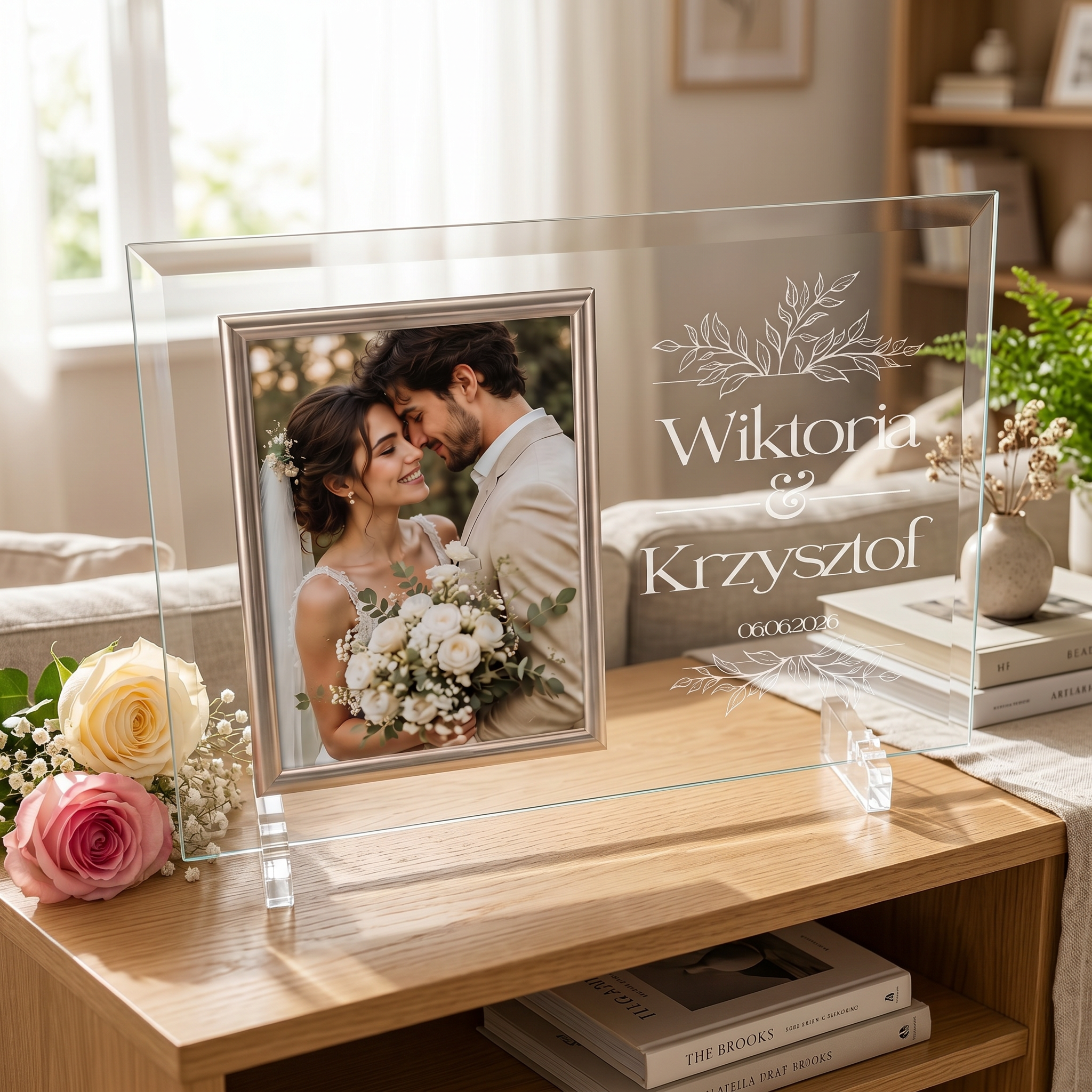 Wedding Gift for Couple, Personalized Large Floral Design Glass Frame With Silk Lined Gift Box
