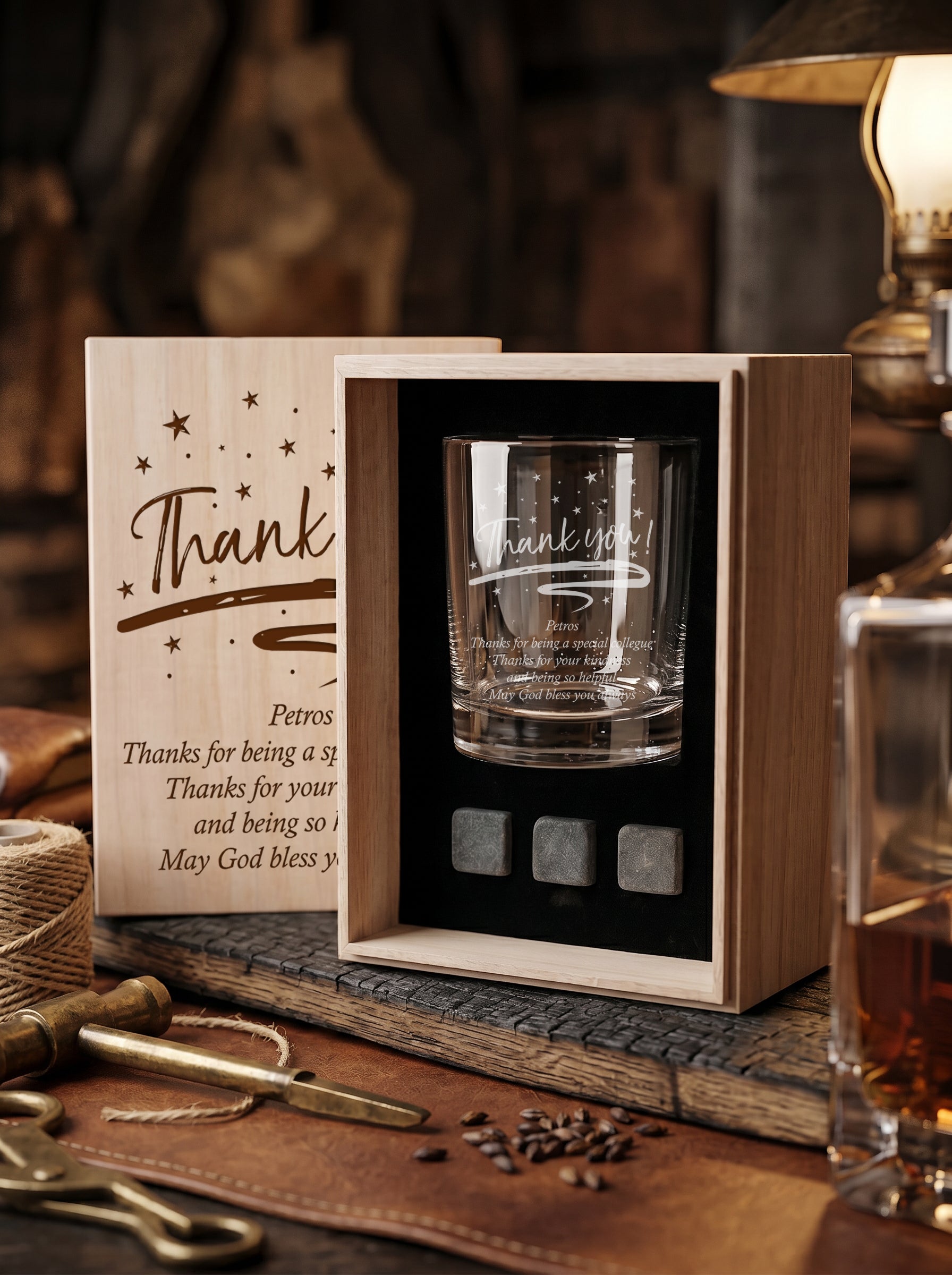 Personalised Thank you Sentiment Whisky Set Stones & Tumbler Glass Engraved