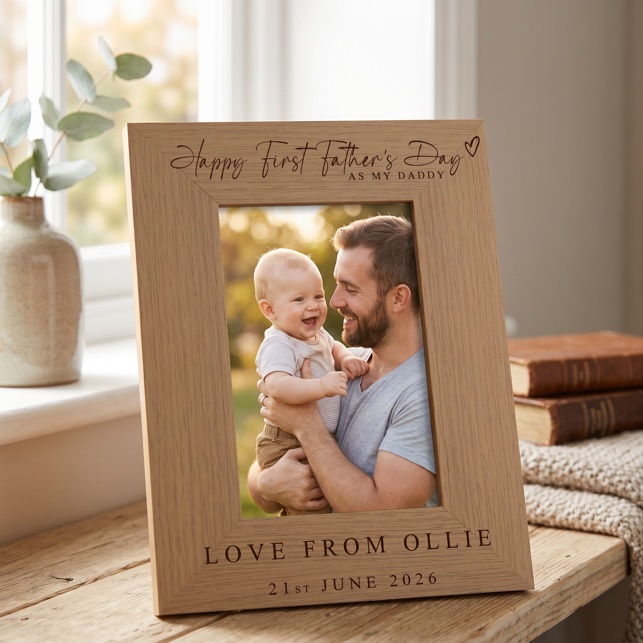Personalised First Fathers's Day Photo Frame Gift Engraved Oak Wood Finish Dad Daddy or Grandad Pet Photo Frame ukgiftstoreonline