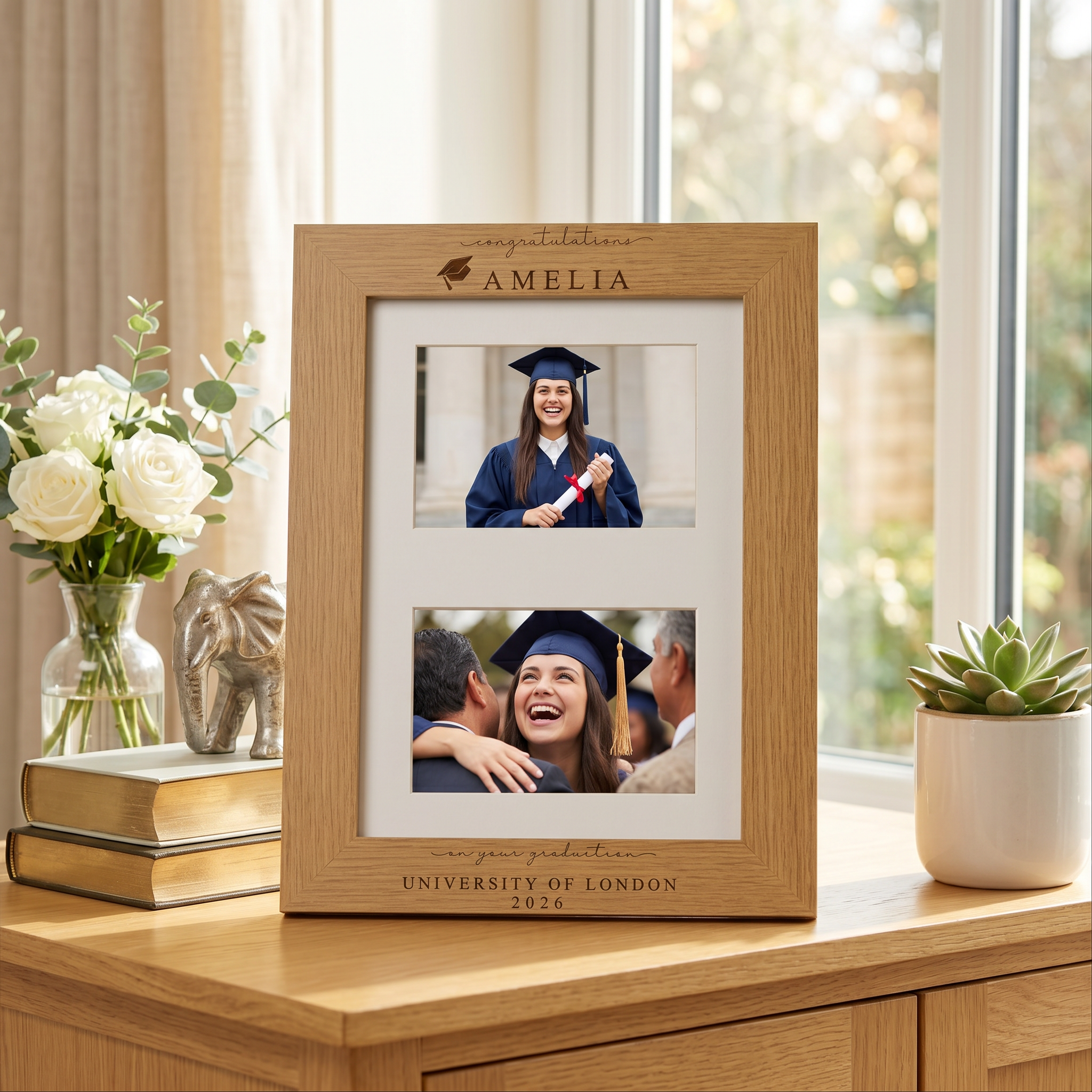 Graduation Gift | Congratulations Gift for University Graduate | Personalised Double Frame Engraved Oak Finish