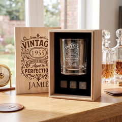 Personalised Any Year and name Whisky Gift Set Stones & Tumbler Glass Engraved
