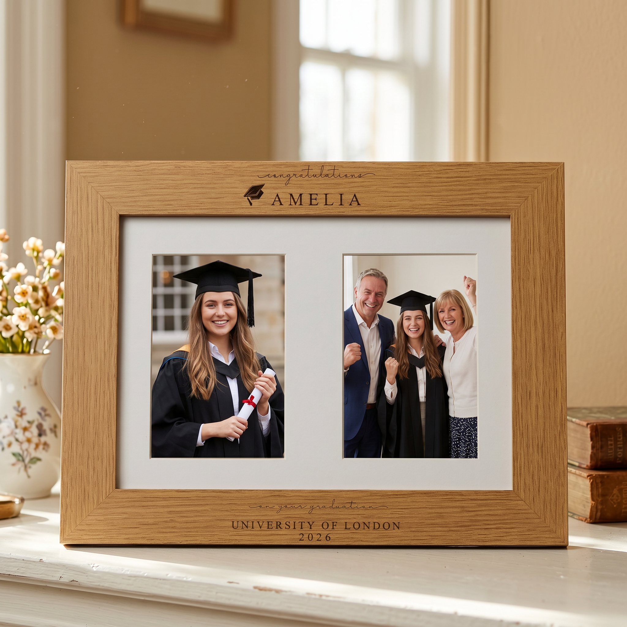 Graduation Gift | Congratulations Gift for University Graduate | Personalised Double Frame Engraved Oak Finish