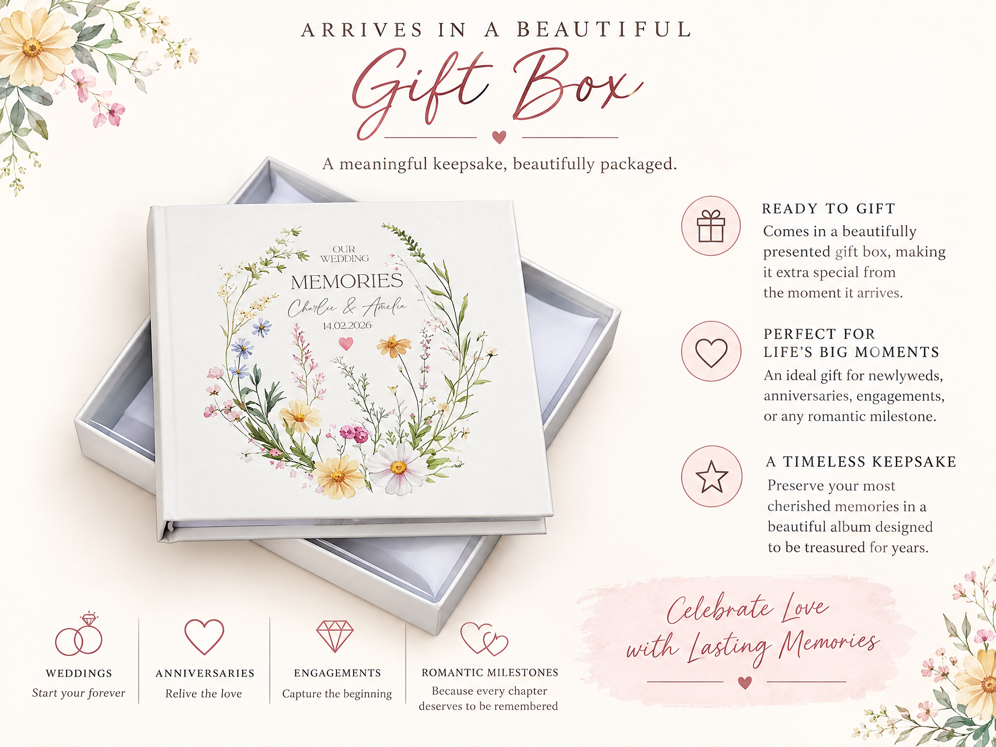 Personalised Wedding Photo Album, Floral Gift Boxed Keepsake Gift