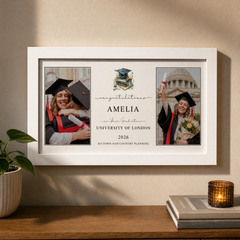 The image is a framed graduation photo with two photos of a person wearing graduation caps and gowns, celebrating their graduation from the University of London.