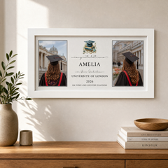 The image is a framed collage of two photos featuring a person in a graduation gown and cap, with the text "Amelia" and "University of London" displayed above the photos.