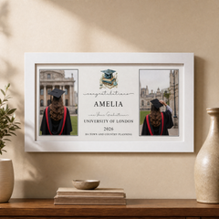 The image is a framed collage celebrating the graduation of a person named Amelia, who graduated from the University of London in the year 2026.