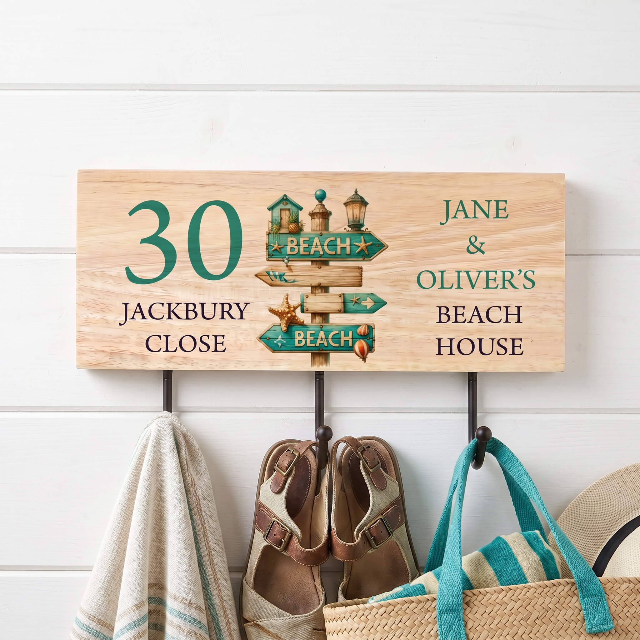 Personalised Solid Wood Key or Coat Hook Seaside Themed Beach House Sign ukgiftstoreonline
