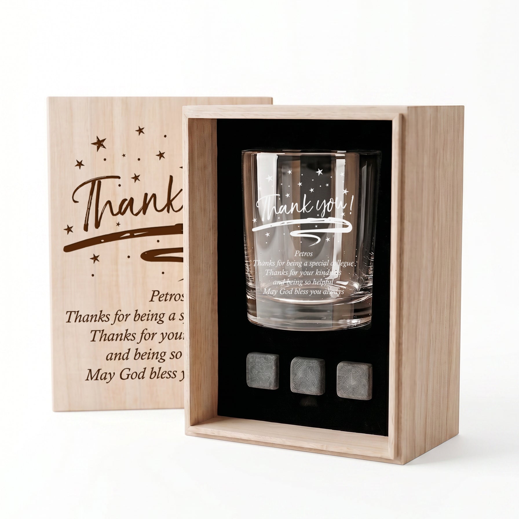 Personalised Thank you Sentiment Whisky Set Stones & Tumbler Glass Engraved