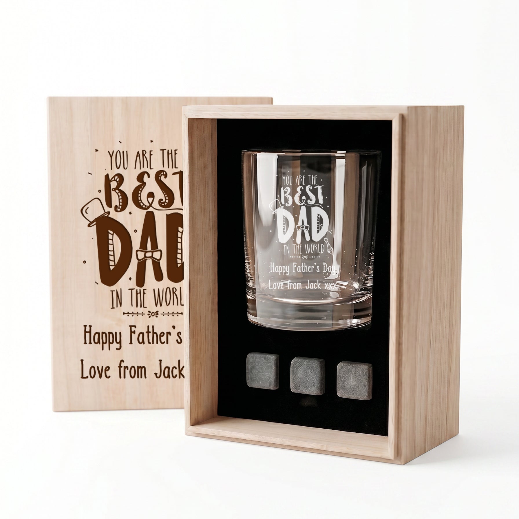 Personalised Best Dad Whisky Gift Set Stones & Tumbler Glass Engraved For Fathers Day Birthday or Christmas