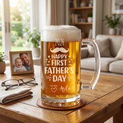 Engraved First Fathers Day Beer Glass Mug With Handle For New Dads and Grandads personalised beer glasses ukgiftstoreonline
