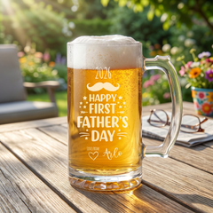 Engraved First Fathers Day Beer Glass Mug With Handle For New Dads and Grandads personalised beer glasses ukgiftstoreonline
