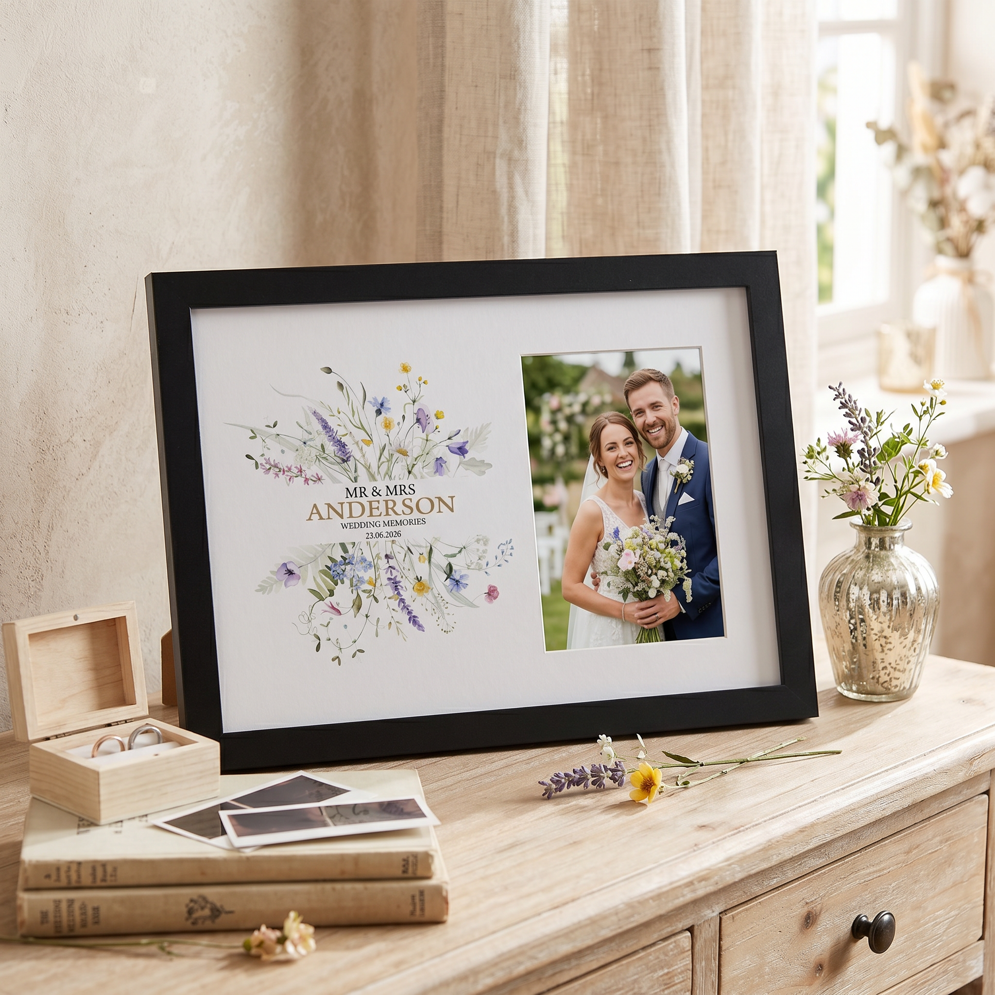 Personalised Wedding Photo Frame – Wooden 6x4 Wildflower Keepsake Gift Photo Frame ukgiftstoreonline