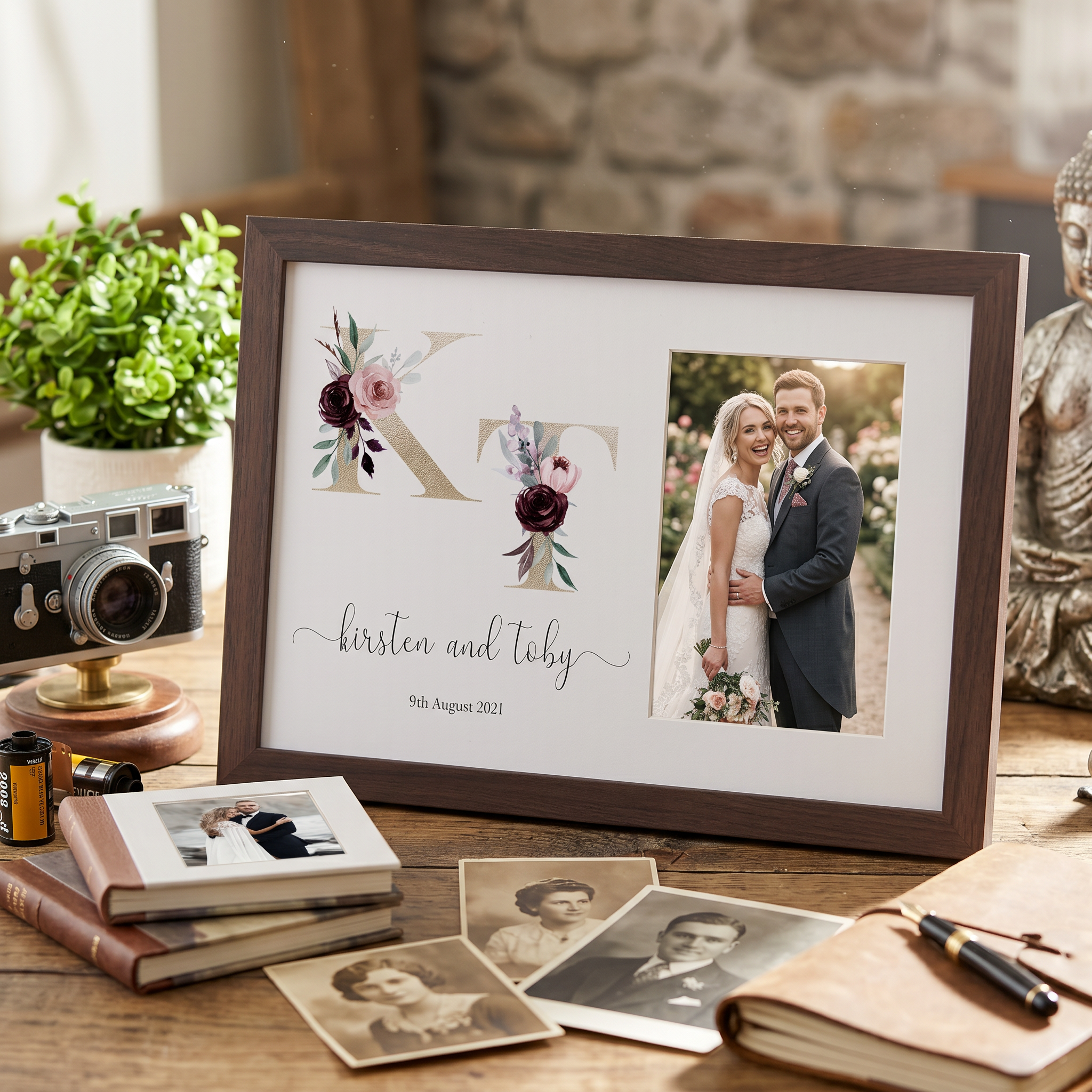 Personalised Initials Wedding Photo Frame Elegant Wedding Day Photo Keepsake wedding photo frame ukgiftstoreonline Walnut