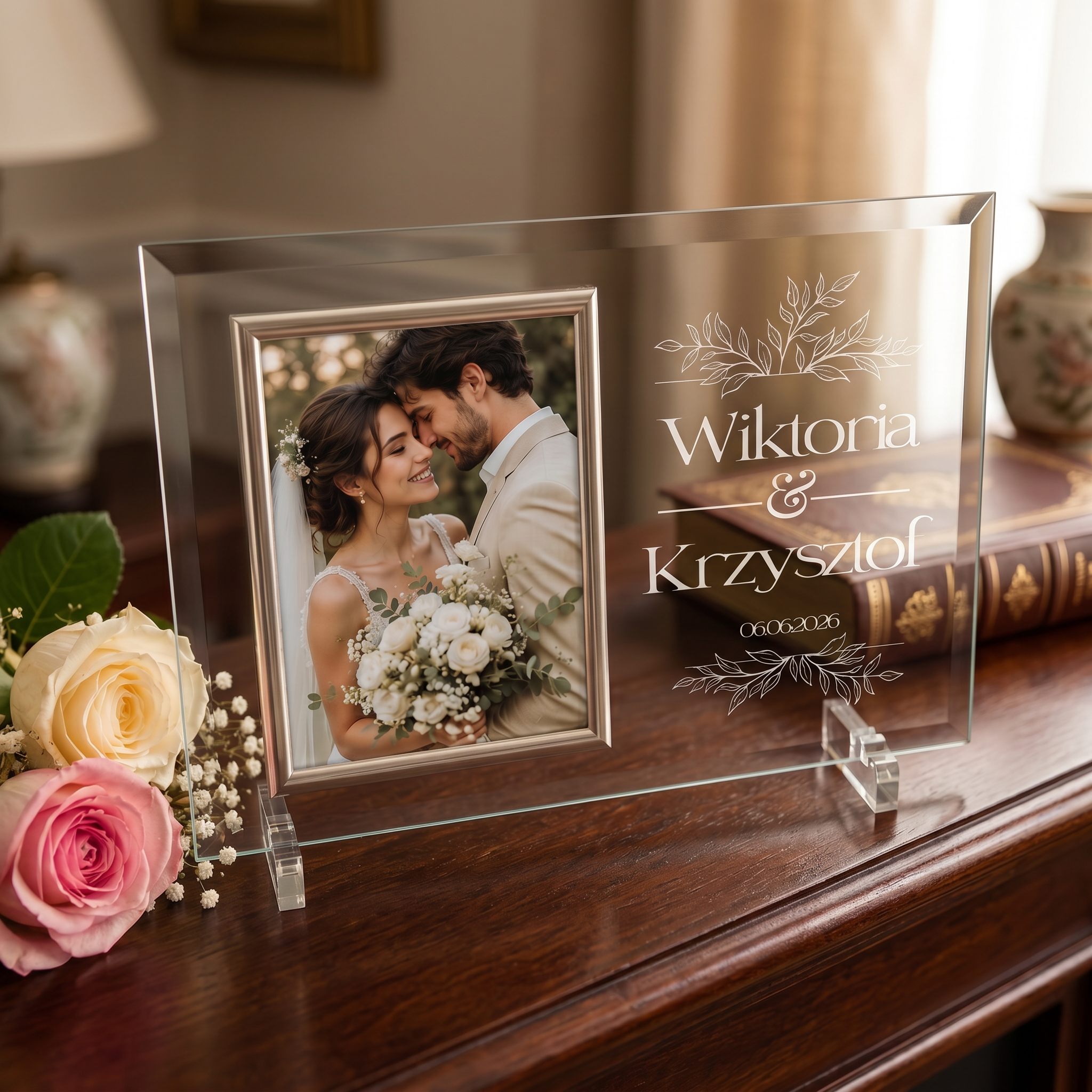 Wedding Gift for Couple, Personalized Large Floral Design Glass Frame With Silk Lined Gift Box