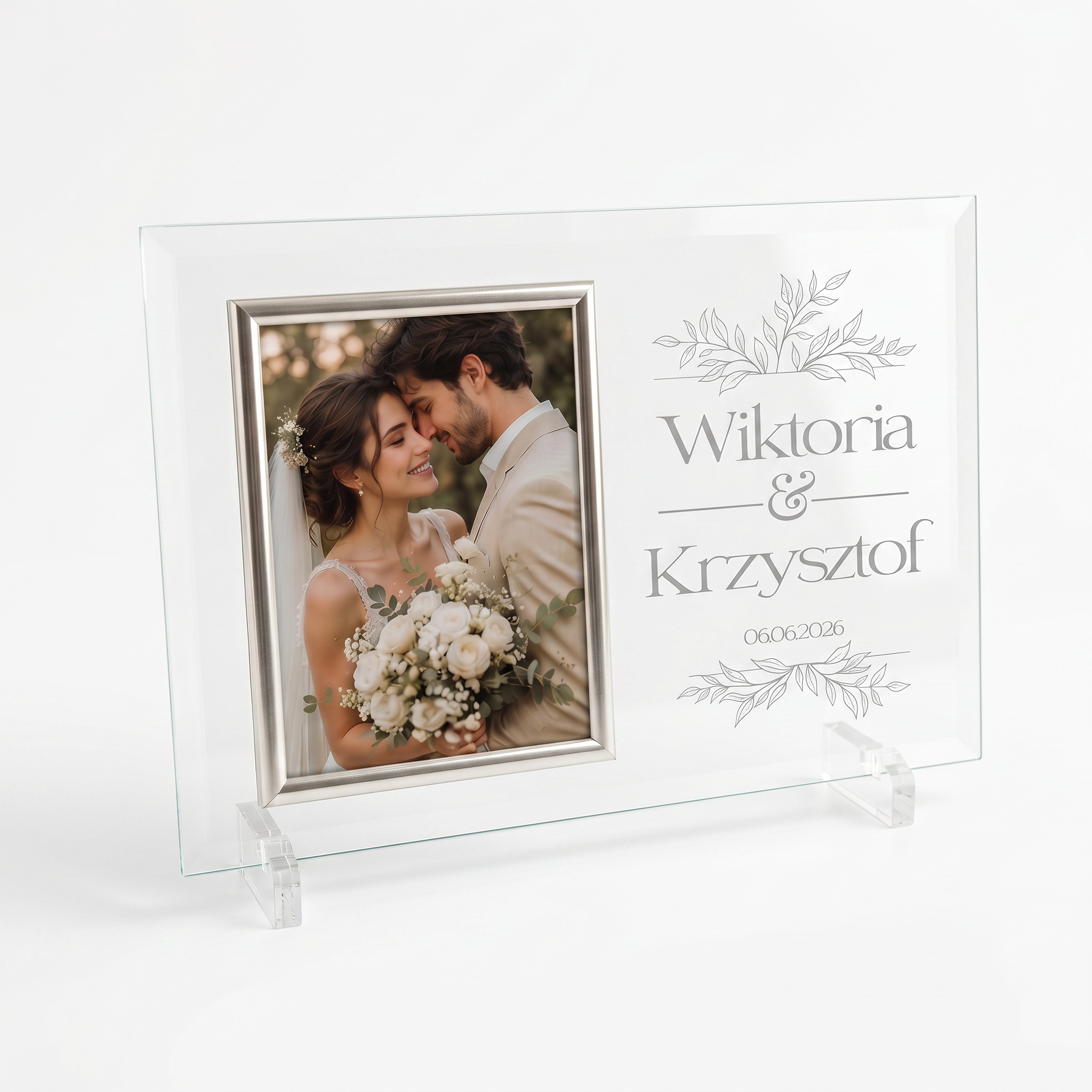 Wedding Gift for Couple, Personalized Large Floral Design Glass Frame With Silk Lined Gift Box