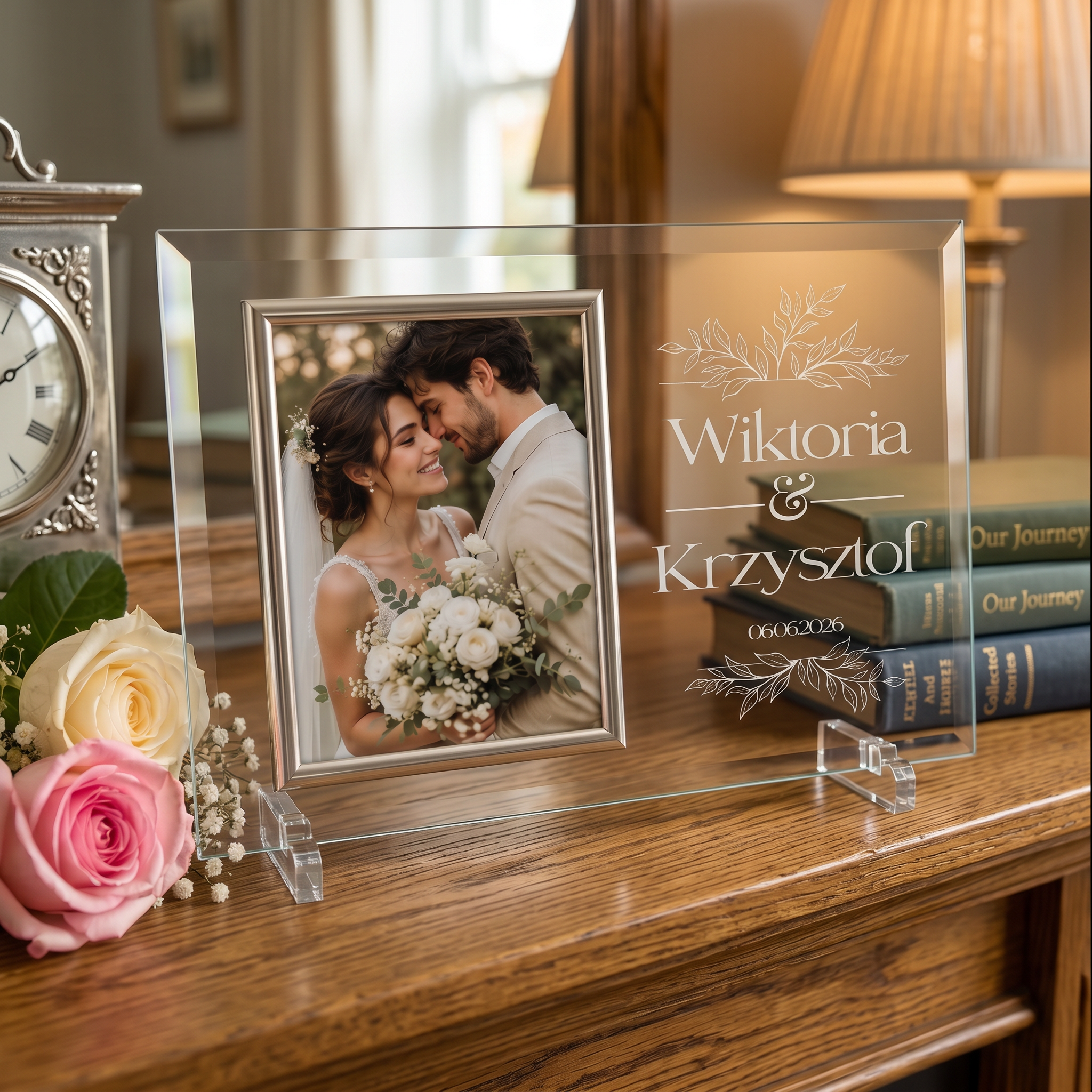 Wedding Gift for Couple, Personalized Large Floral Design Glass Frame With Silk Lined Gift Box