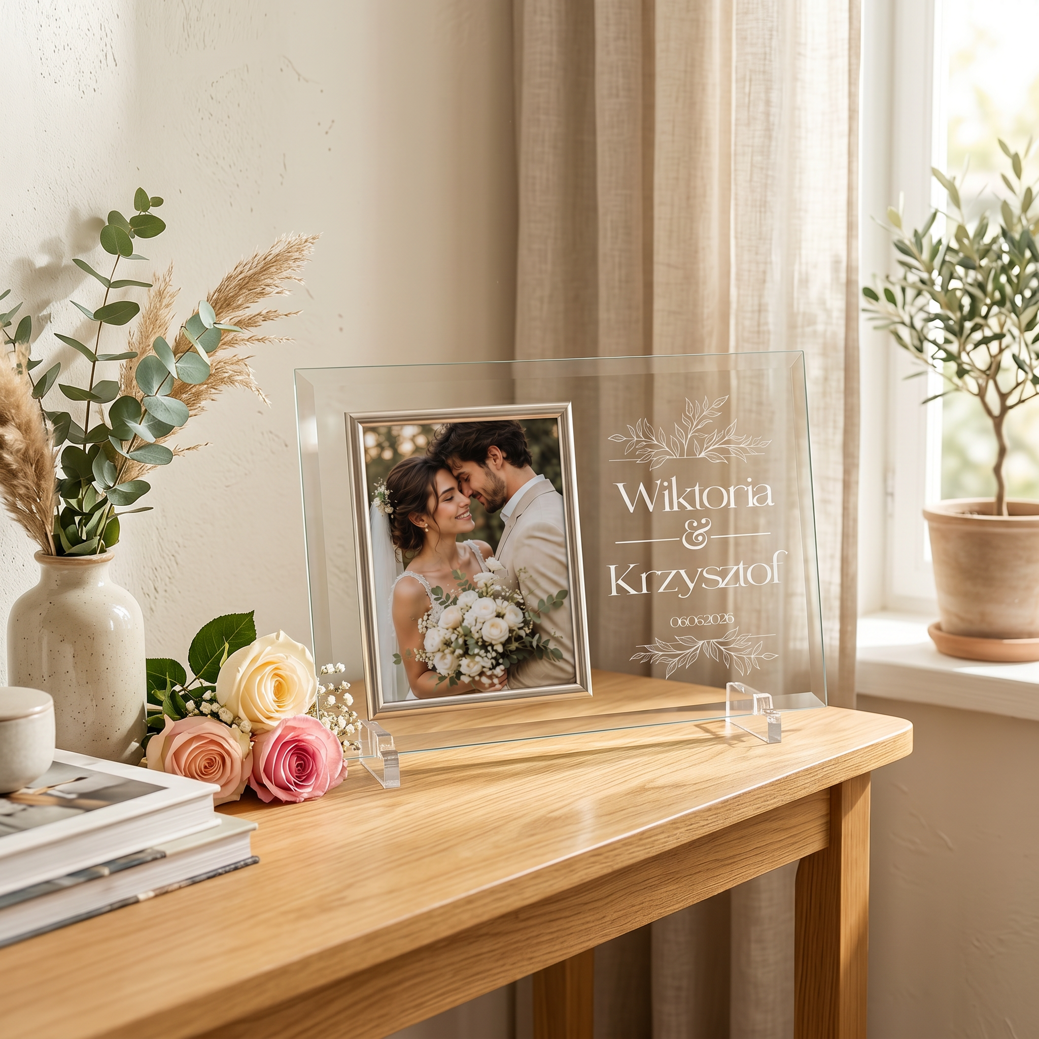 Wedding Gift for Couple, Personalized Large Floral Design Glass Frame With Silk Lined Gift Box