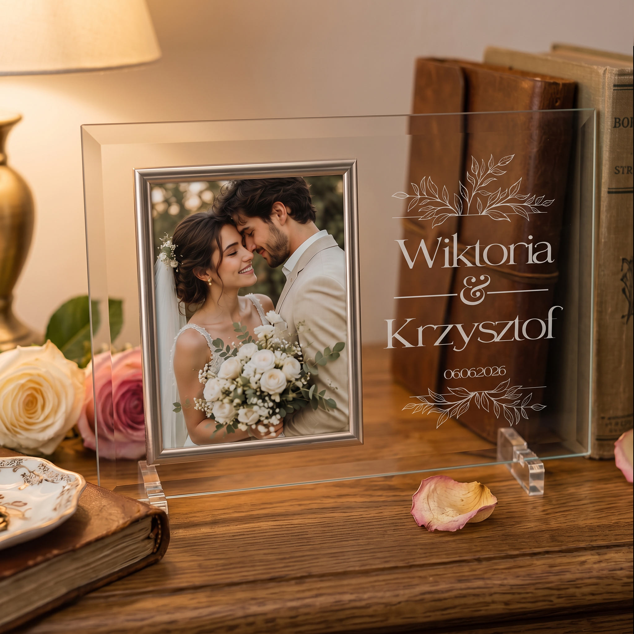 Wedding Gift for Couple, Personalized Large Floral Design Glass Frame With Silk Lined Gift Box