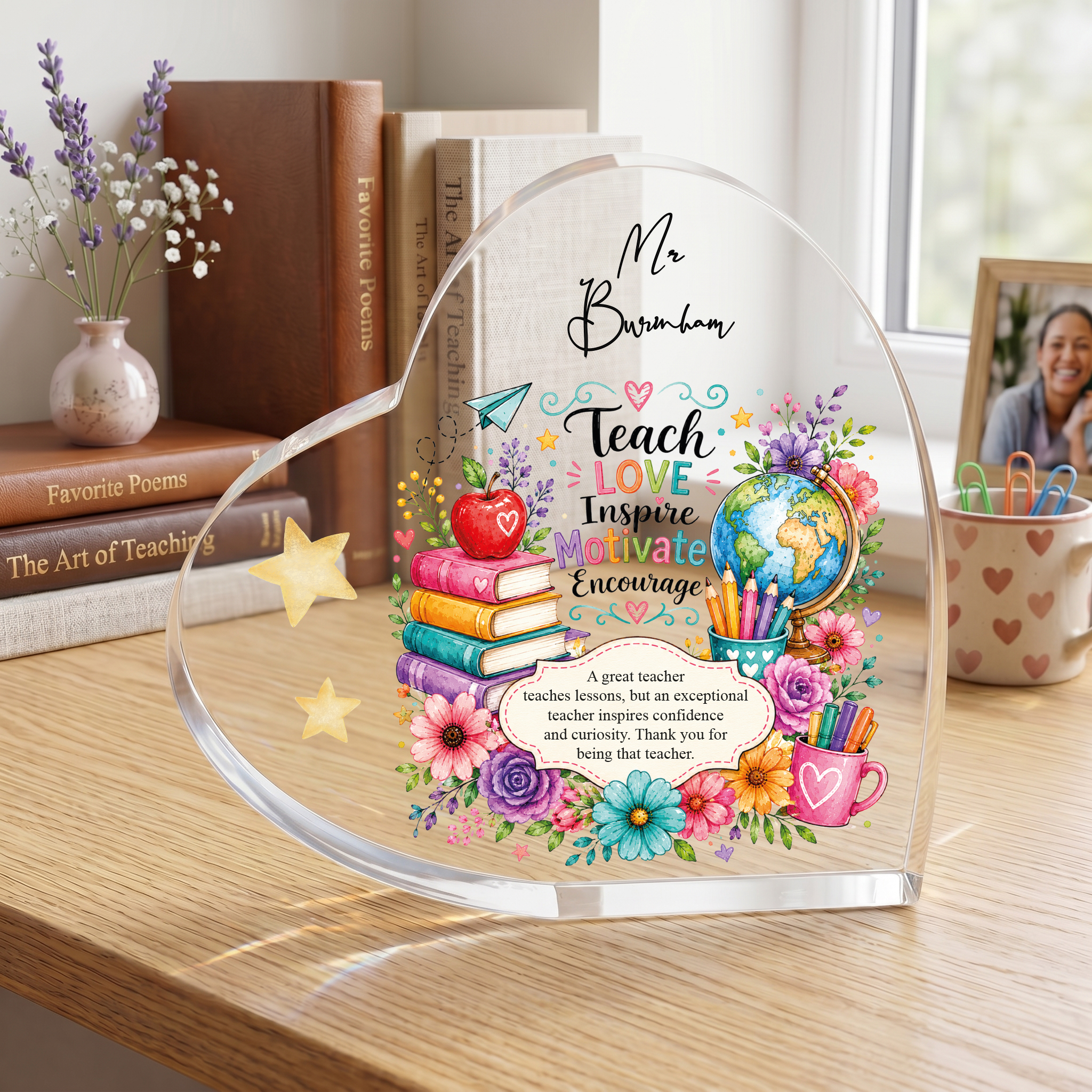 Personalised Motivational Teacher Gift Heart Block In Gift Box End of Term Leaving Thank You Gift