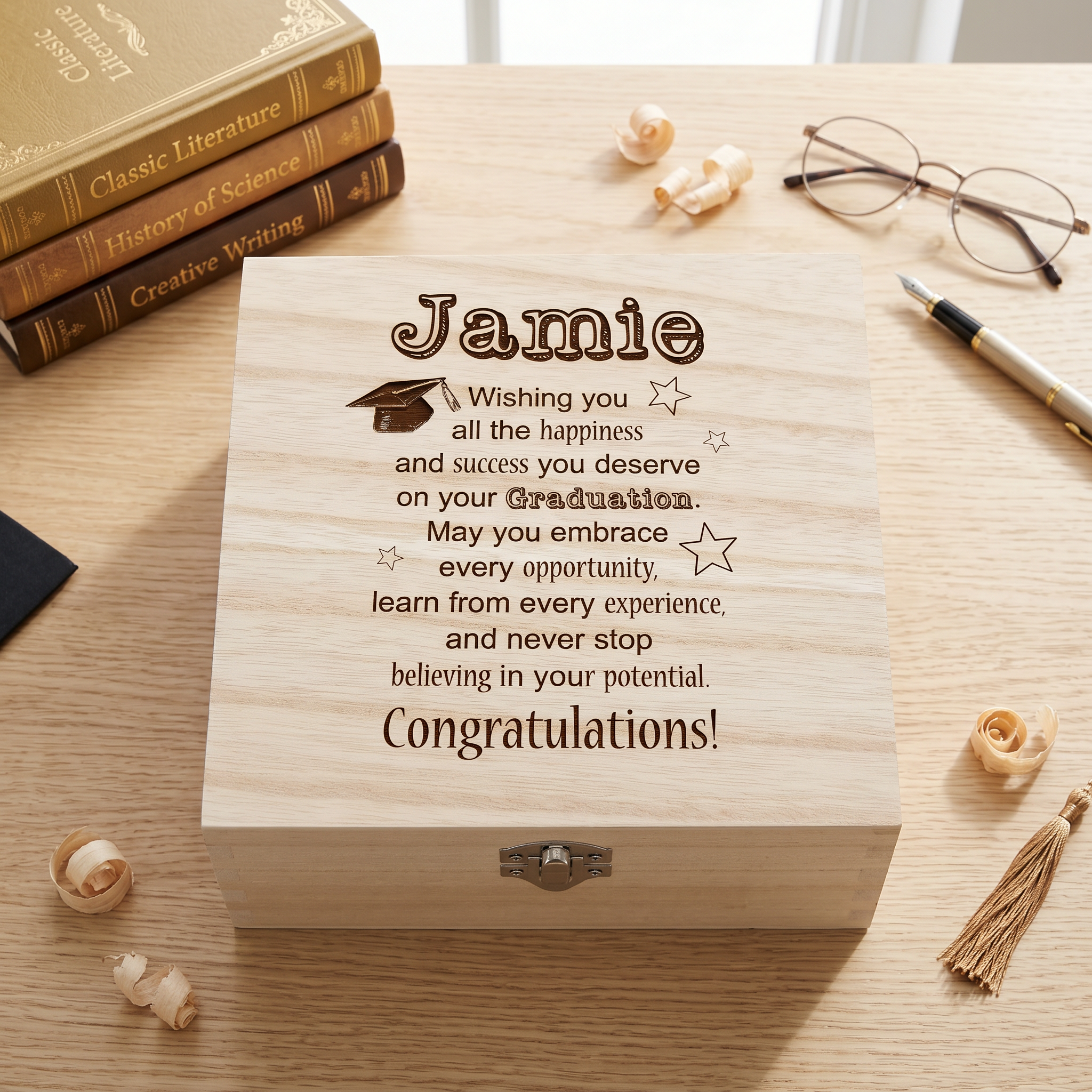 A wooden box with a personalized message engraved on it, placed on a wooden surface surrounded by books, a pen, and a tassel.