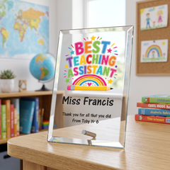 Personalised Teaching Assistant Gift Plaque Trophy, Keepsake (18cm x 13cm, Thick Glass, Custom Print)
