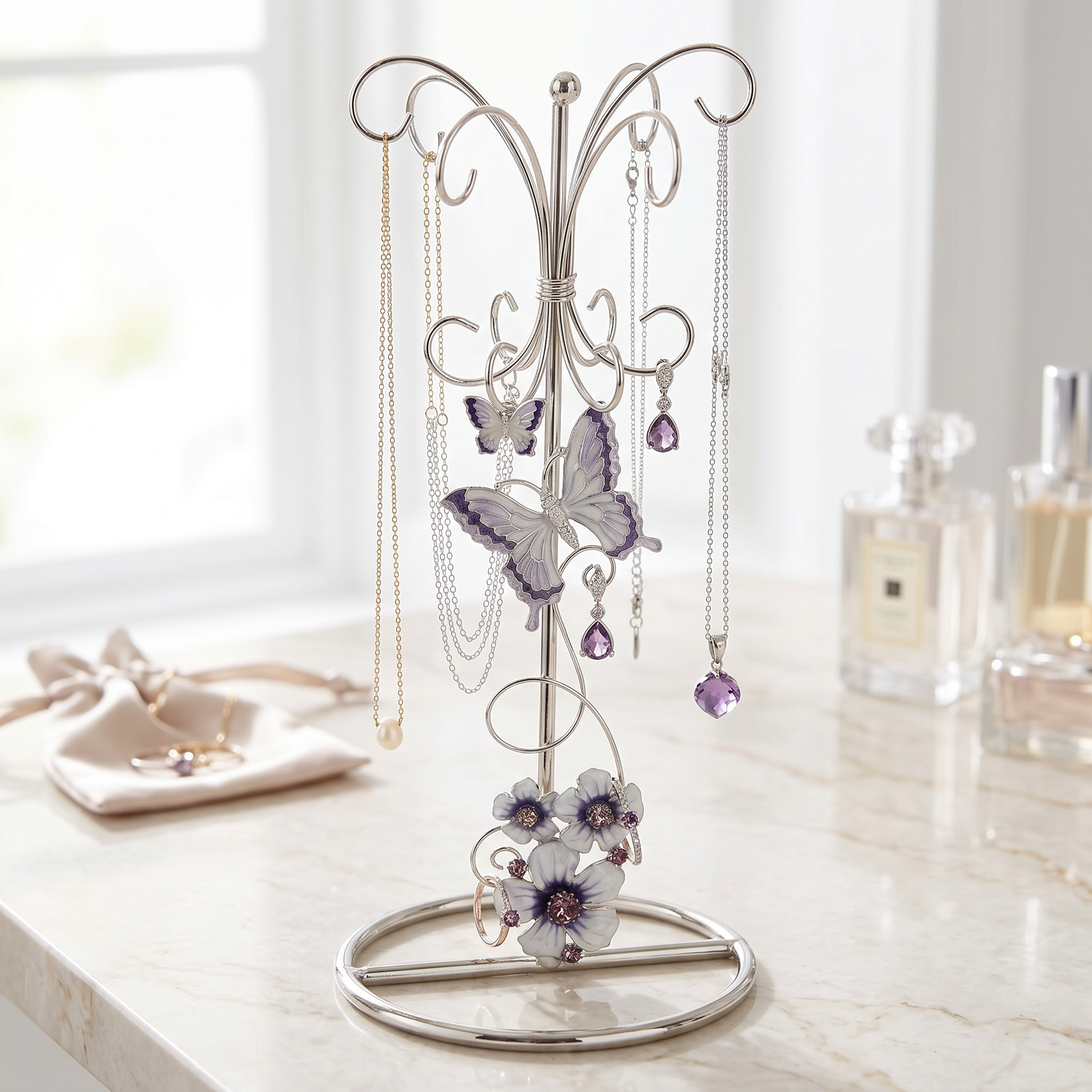 Vintage Style metal enamelled jewellery stand, with purple flowers and butterflies 22.5cm tall ukgiftstoreonline