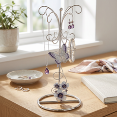 Vintage Style metal enamelled jewellery stand, with purple flowers and butterflies 22.5cm tall ukgiftstoreonline