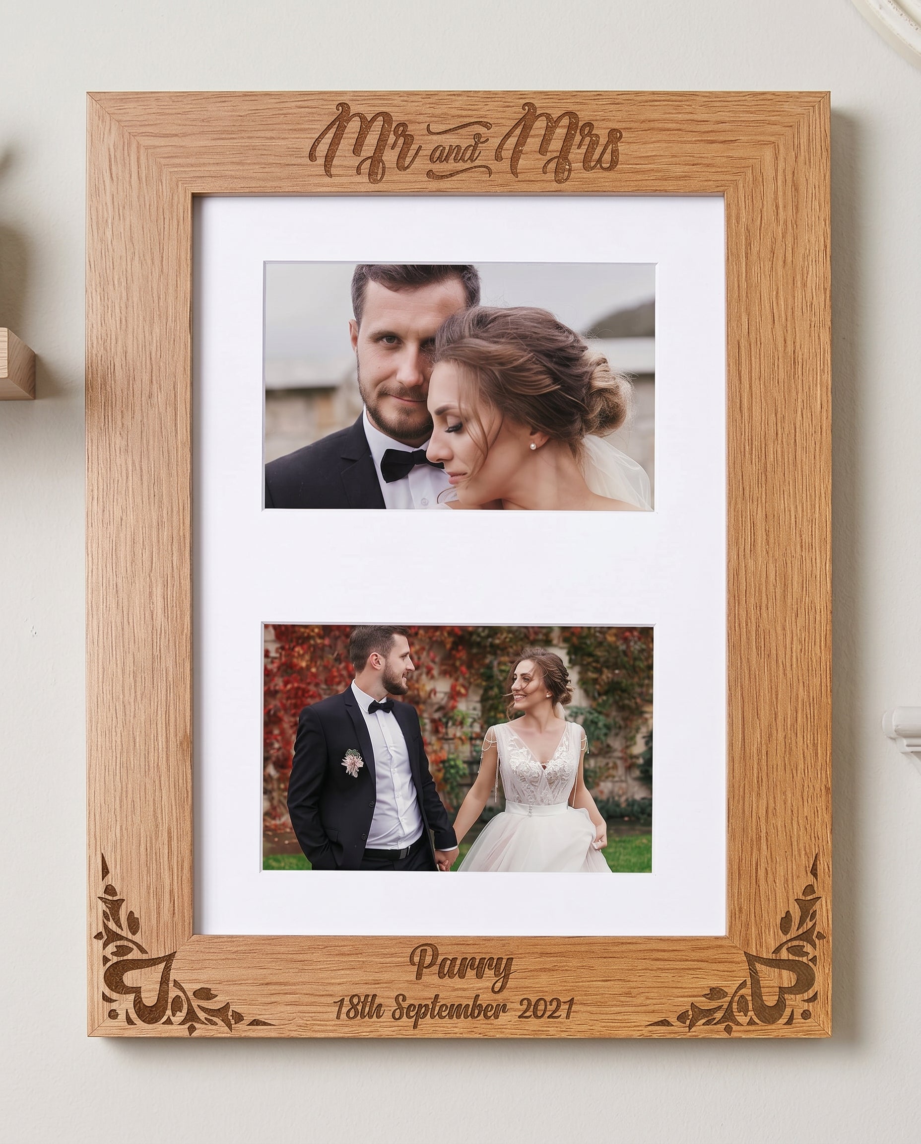 Engraved Wooden Wedding Frame - Personalised Mr and Mrs Double Photo Frame Gift Photo Frame ukgiftstoreonline