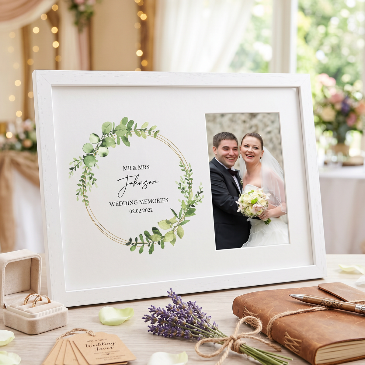Personalised Wedding Photo Frame Eucalyptus and Gold Wreath personalised photo frames ukgiftstoreonline
