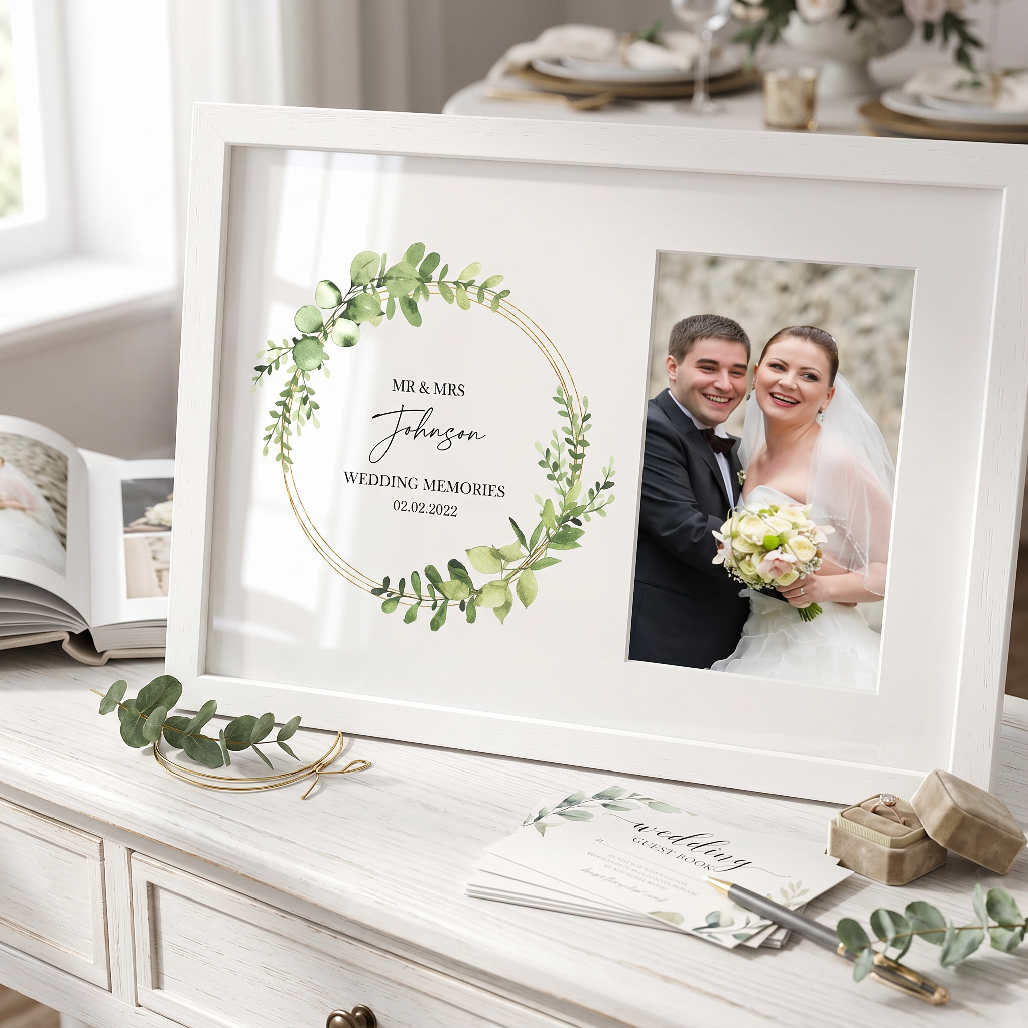 Personalised Wedding Photo Frame Eucalyptus and Gold Wreath personalised photo frames ukgiftstoreonline