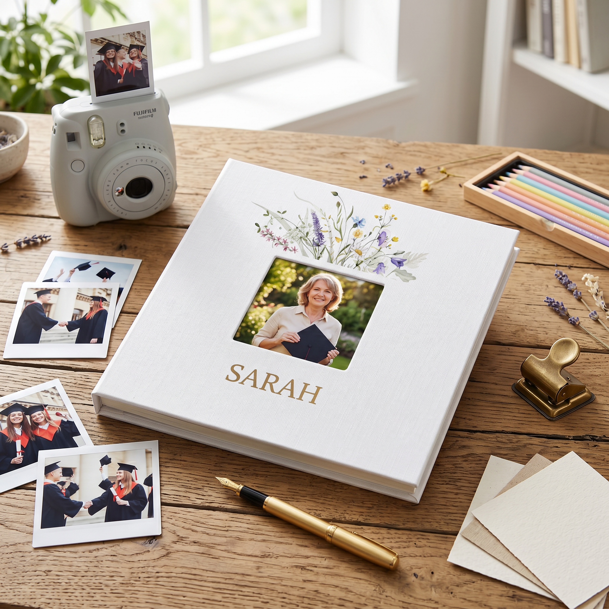Personalised Any Name Photo Album Large Linen Cover Self Adhesive Pages With Wildflowers