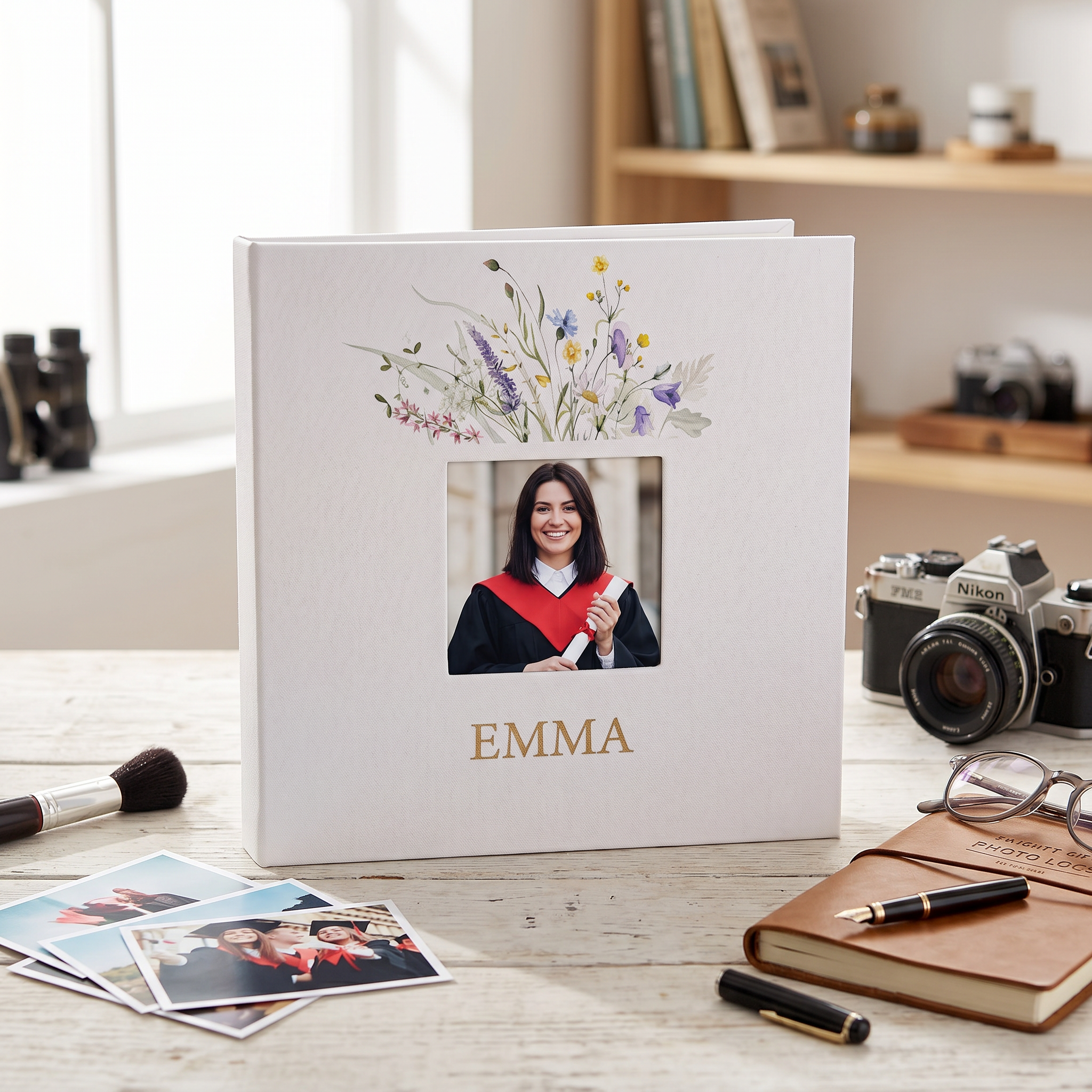 Personalised Any Name Photo Album Large Linen Cover Self Adhesive Pages With Wildflowers