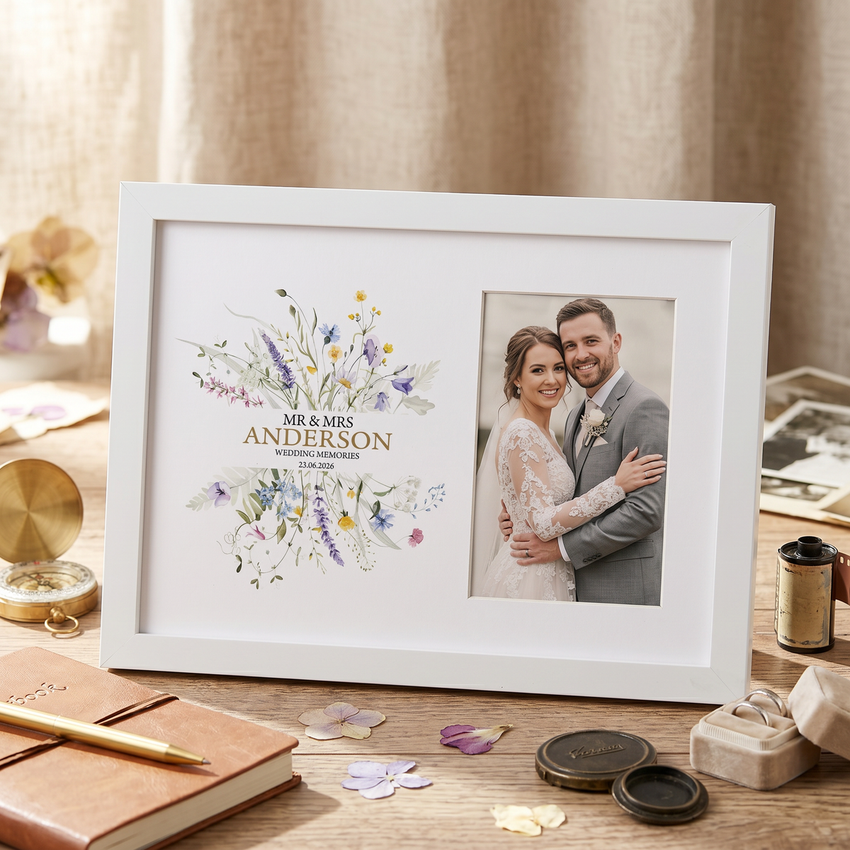 Personalised Wedding Photo Frame – Wooden 6x4 Wildflower Keepsake Gift Photo Frame ukgiftstoreonline White