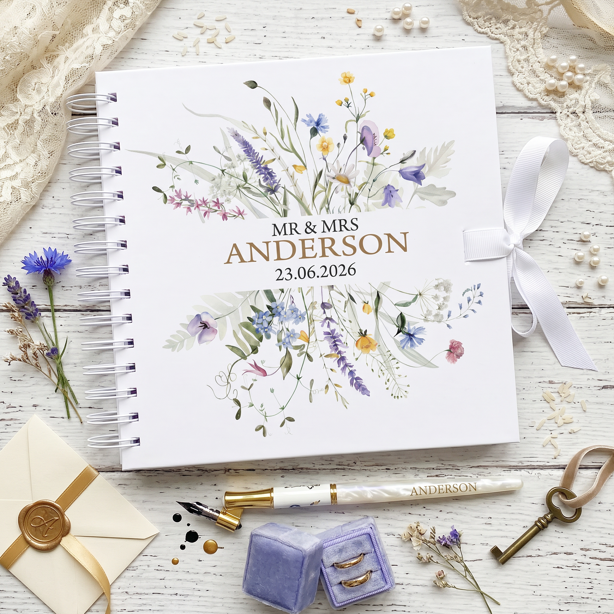 Luxury Wedding Guest Book - Personalised Hardcover Spiral Bound Keepsake With Ribbon ukgiftstoreonline