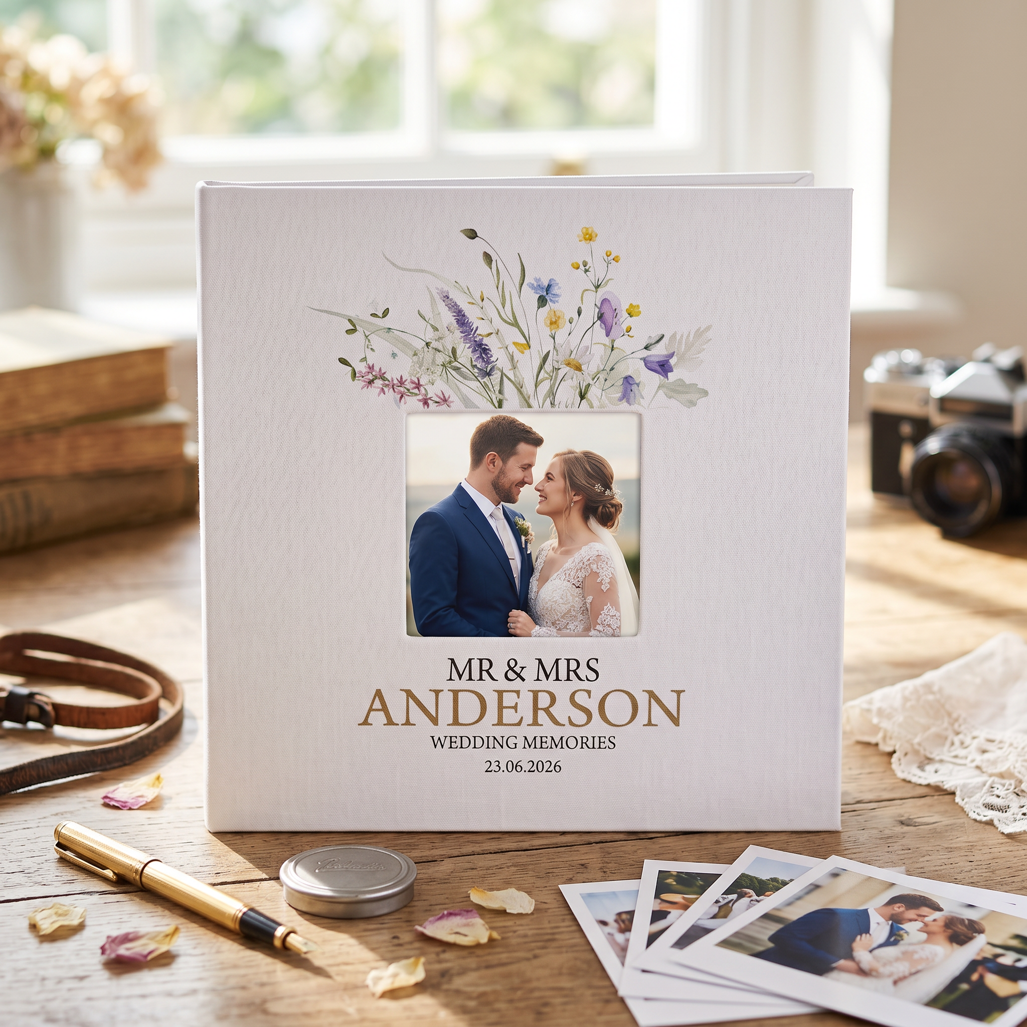 Wedding Photo Album Large Linen Cover - Personalised Self Adhesive Pages With Wildflowers photo album ukgiftstoreonline